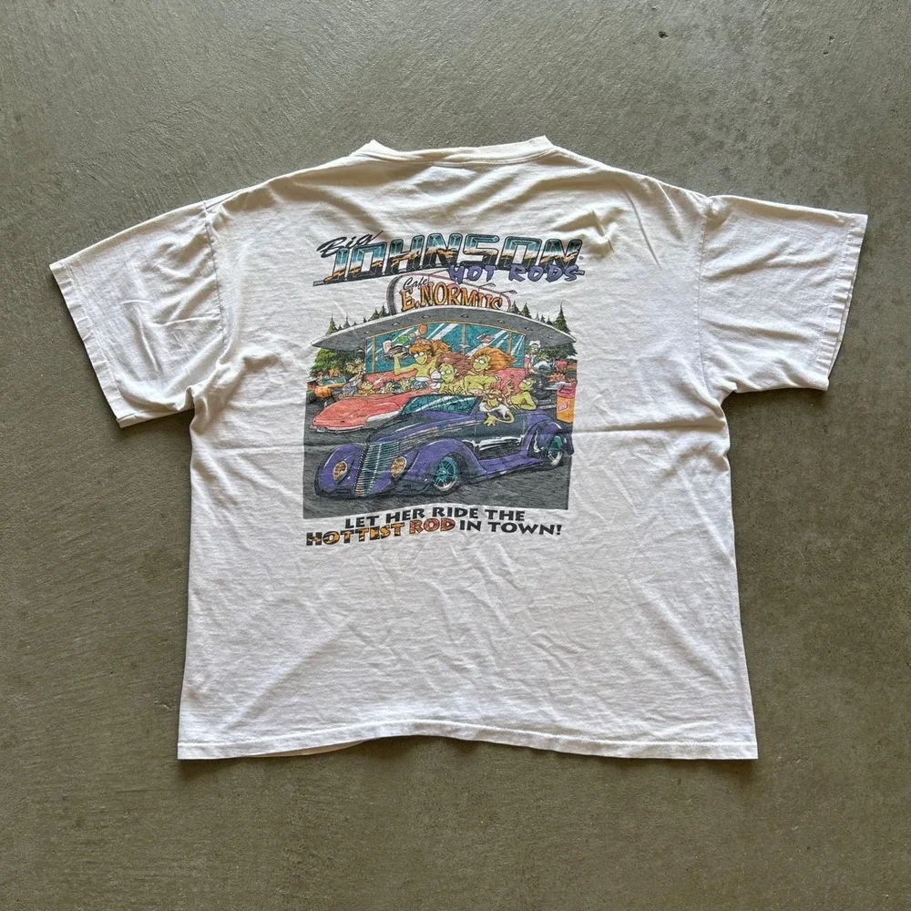 Vintage 90s Big Johnson Hot Rods Shirt Size XL White Cafe E Normous NJHRA Car